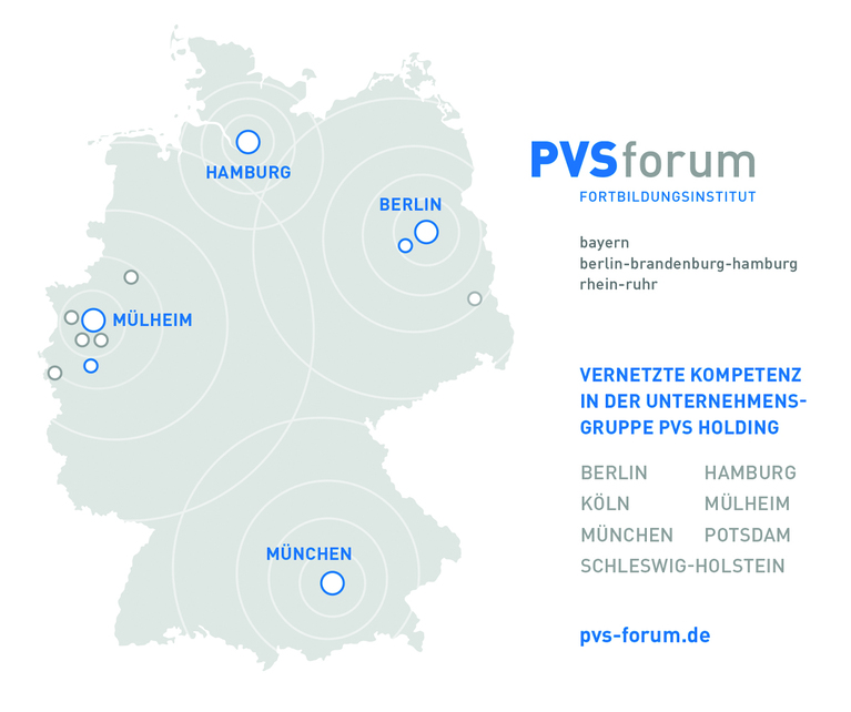 Stilisierte Deutschlandkarten-Grafik, Hamburg, Mülheim, Berlin, München sind hervorgehoben. Text: PVS forum Fortbildungsinstitut, bayern, berlin-brandenburg-hamburg, rhein-ruhr, Vernetzte Kompetenz in der Unternehmensgruppe PVS holding, Berlin, Hamburg, Köln, Mülheim, München, Potsdam, Schleswig-Holstein, pvs-forum.de