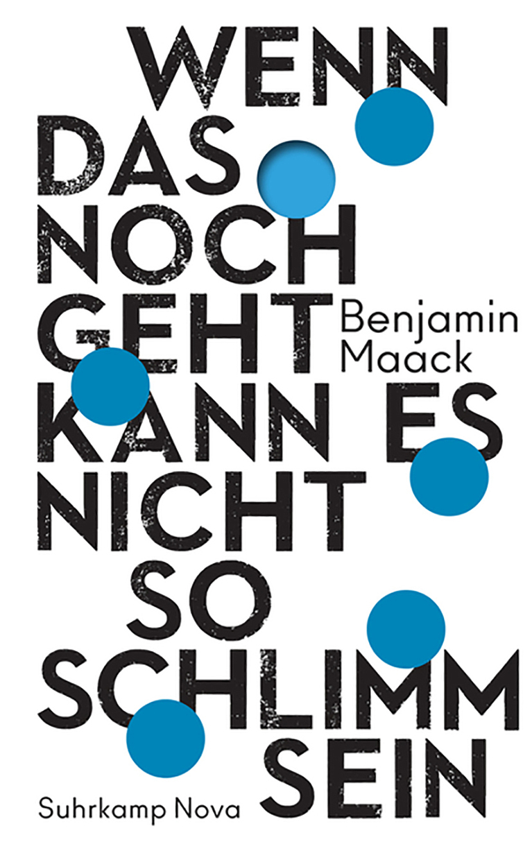 Buchcover: weißer Hintergrund, großflächig gestaltete Typografie über die gesamte Fläche in schwarz, sechs blaue Punkte sind als gestalterische Elemente gleichmäßig auf der Fläche verteilt