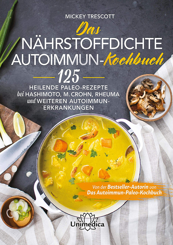 Buchcover mit Foto von Schälchen und gelbem Eintopf in großer Schale auf dunkelgrauem und hellem Grund, weiße Schrift