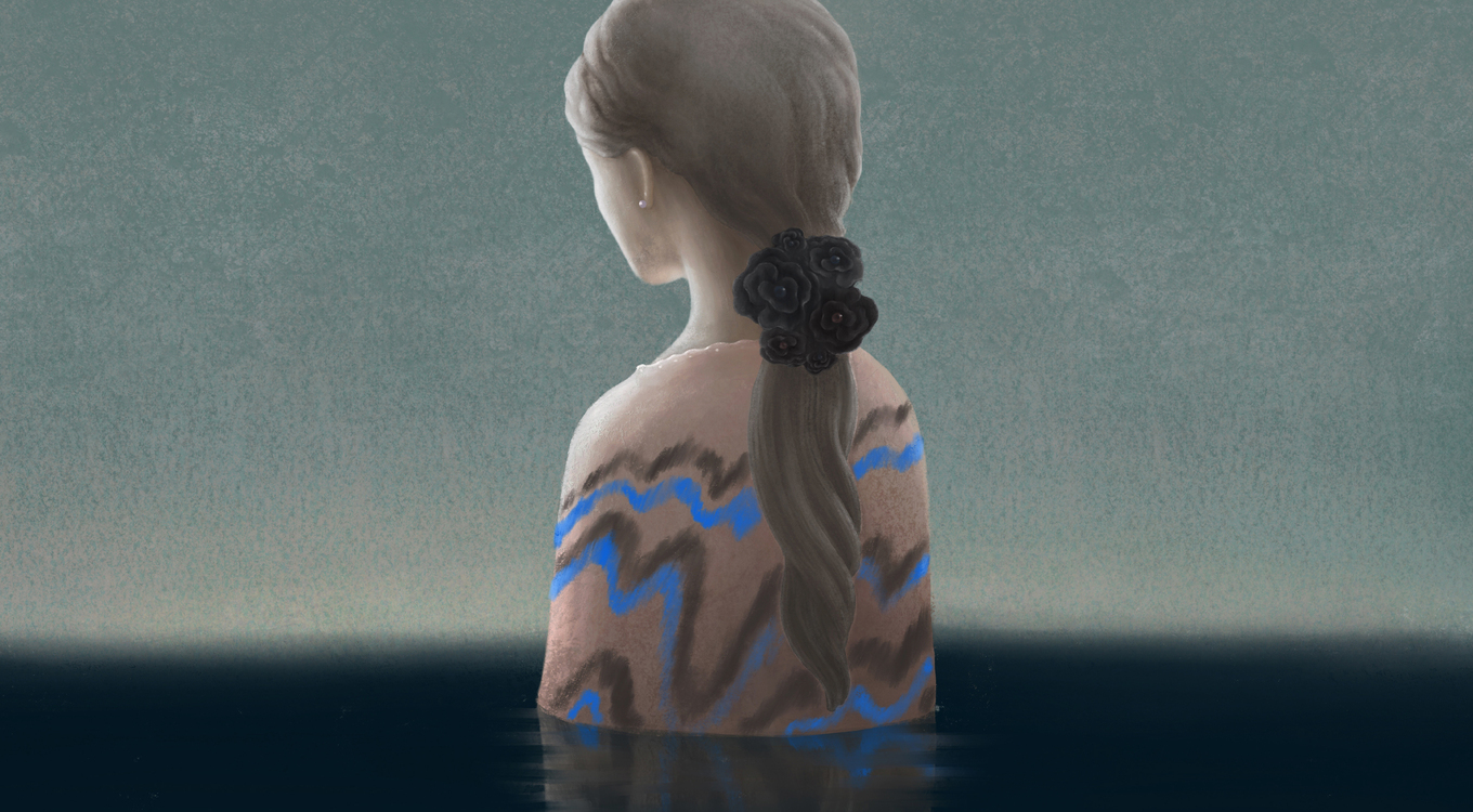 Illustration einer bis zur Brust in trübem Wasser stehenden Frau in Rückenansicht, in leeren Horizont blickend, trostlose Stimmung