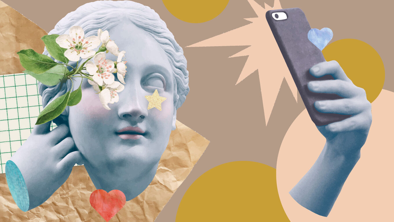 Collage: Marmorstatue macht Selfie