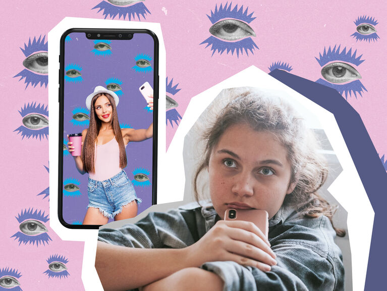 Collage: Teenager-Mädchen schaut unglücklich auf Smartphone mit Influencerin auf dem Screen