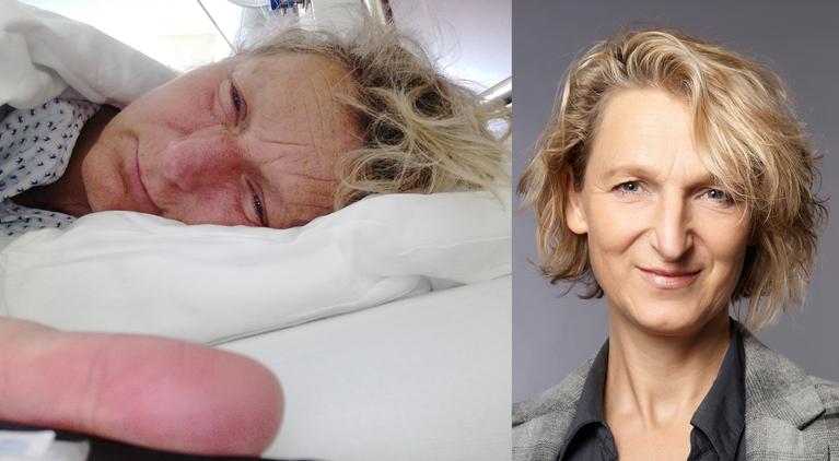 Collage: Foto von erschöpft im Bett liegender Frau vs. Portrait von derselben, fröhlich lächelnden Frau in Bluse und Blazer