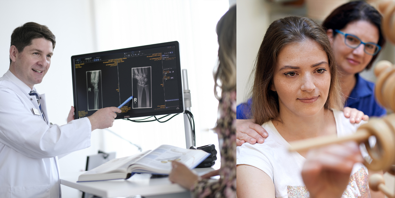 Arzt zeigt Röntgenbild der Hand, Frau macht physiotherapeutische Handübungen