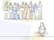 Minimalistische Linien-Illustration: Gruppe von Menschen steht einer einzelnen Person im Schneidersitz gegenüber