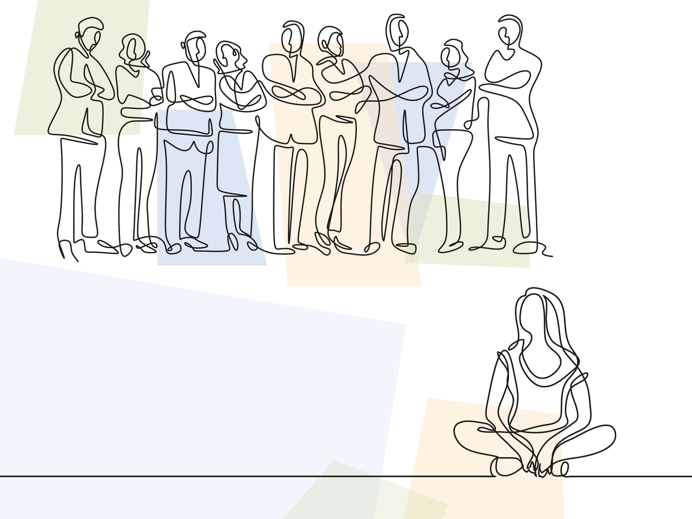 Minimalistische Linien-Illustration: Gruppe von Menschen steht einer einzelnen Person im Schneidersitz gegenüber