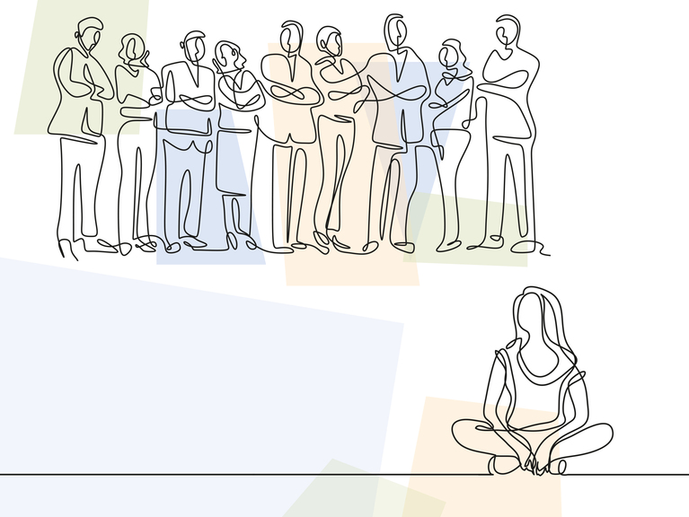 Minimalistische Linien-Illustration: Gruppe von Menschen steht einer einzelnen Person im Schneidersitz gegenüber