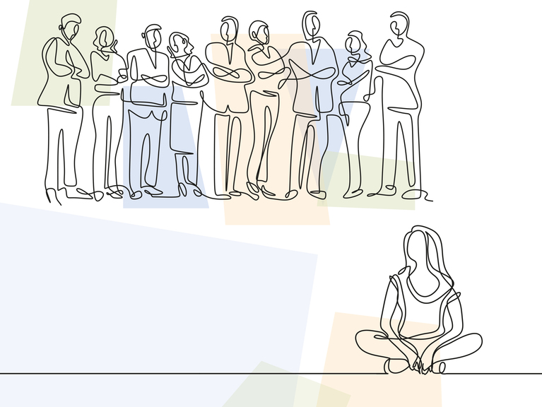 Minimalistische Linien-Illustration: Gruppe von Menschen steht einer einzelnen Person im Schneidersitz gegenüber Minimalistische Linien-Illustration: Gruppe von Menschen steht einer einzelnen Person im Schneidersitz gegenüber