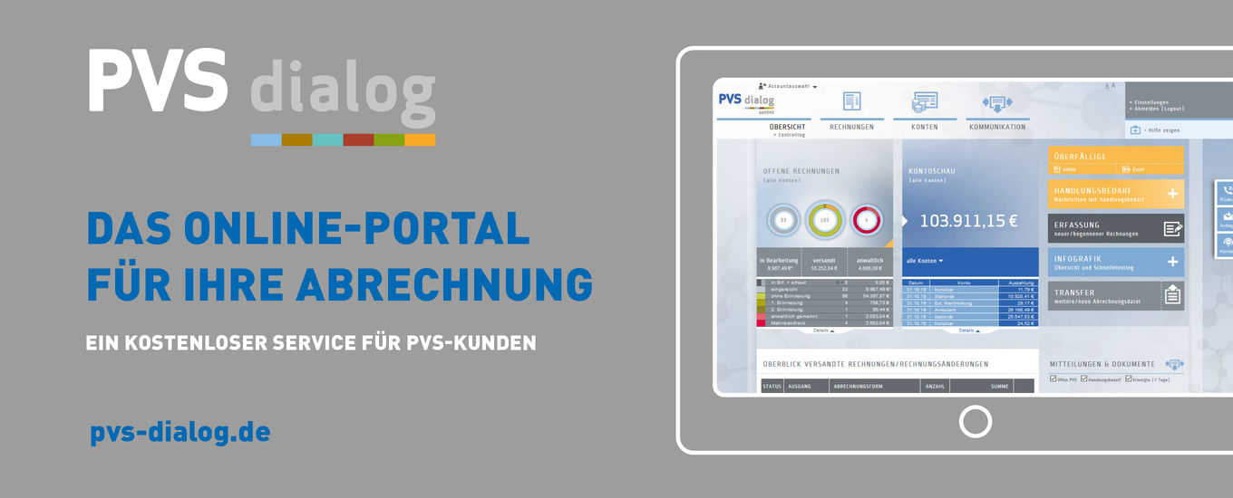 Bannerinhalt: PVS dialog - das Online-Portal für Ihre Abrechnung. Ein kostenloser Service für PVS-Kunden. pvs-dialog.de (grafische Darstellung eines PVS dialog-Screens auf einem stilisierten Tablet)