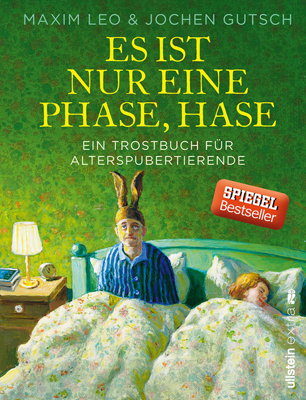 Buchtipp mit größtenteils grüner Ehebett-Illustration und gelber Schrift