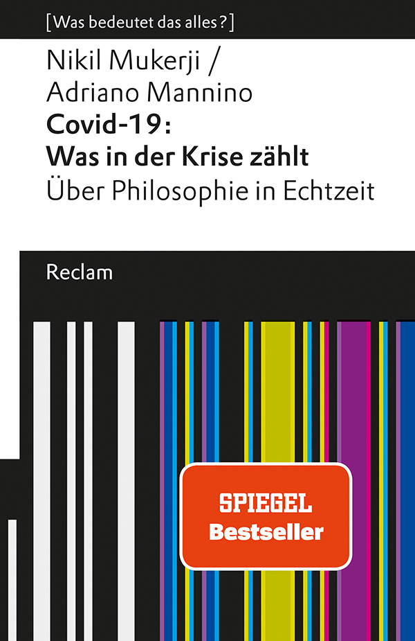 Buchcover: schwarz-bunt vertikal gestreiftes Design in der unteren Hälfte, schwarze Schrift in horizontalem weißen Balken, von schwarzen Balken umrahmt in der oberen Hälfte