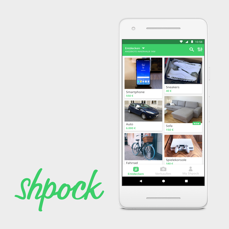 Schriftzug "shpock", daneben Smartphone mit Sceen der App "shpock"