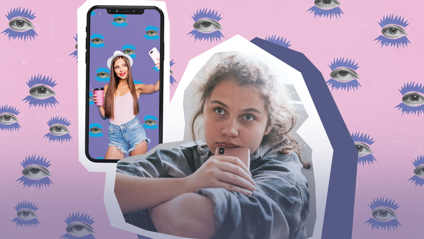 Collage: Teenager-Mädchen schaut unglücklich auf Smartphone mit Influencerin auf dem Screen