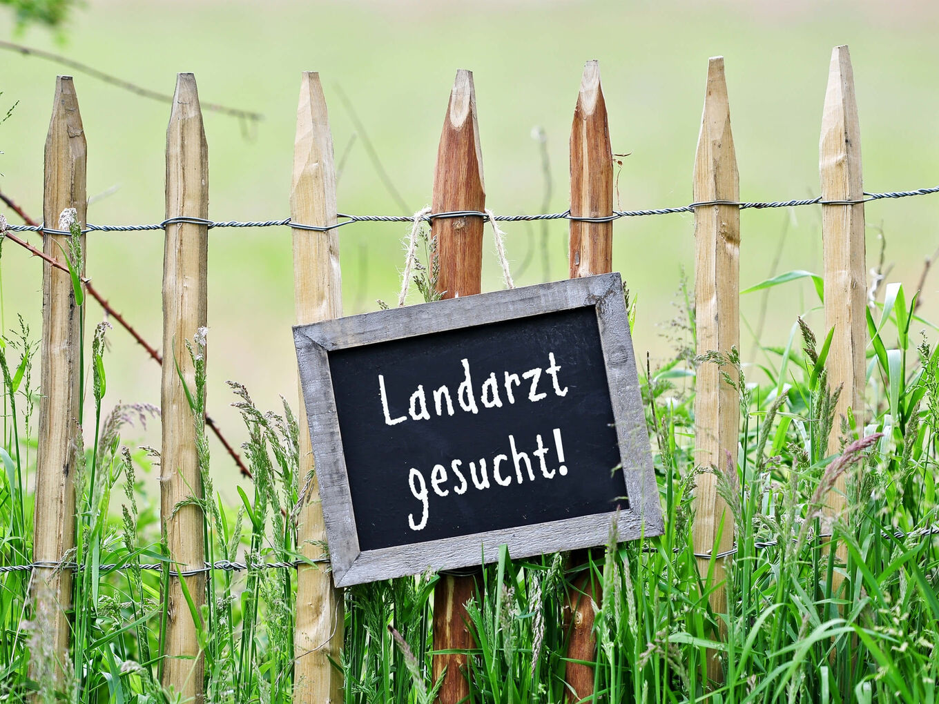 Kreideschild mit Holzrahmen und weißer Aufschrift "Landarzt gesucht" hängt an Holzzaun vor grüner Wiese
