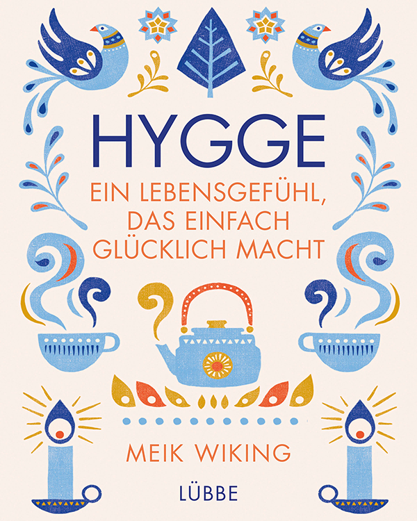 Buchcover: Beiger Hintergrund mit skandinavischer Folklore-Illustration in Blautönen, blaue und orangefarbene Schrift