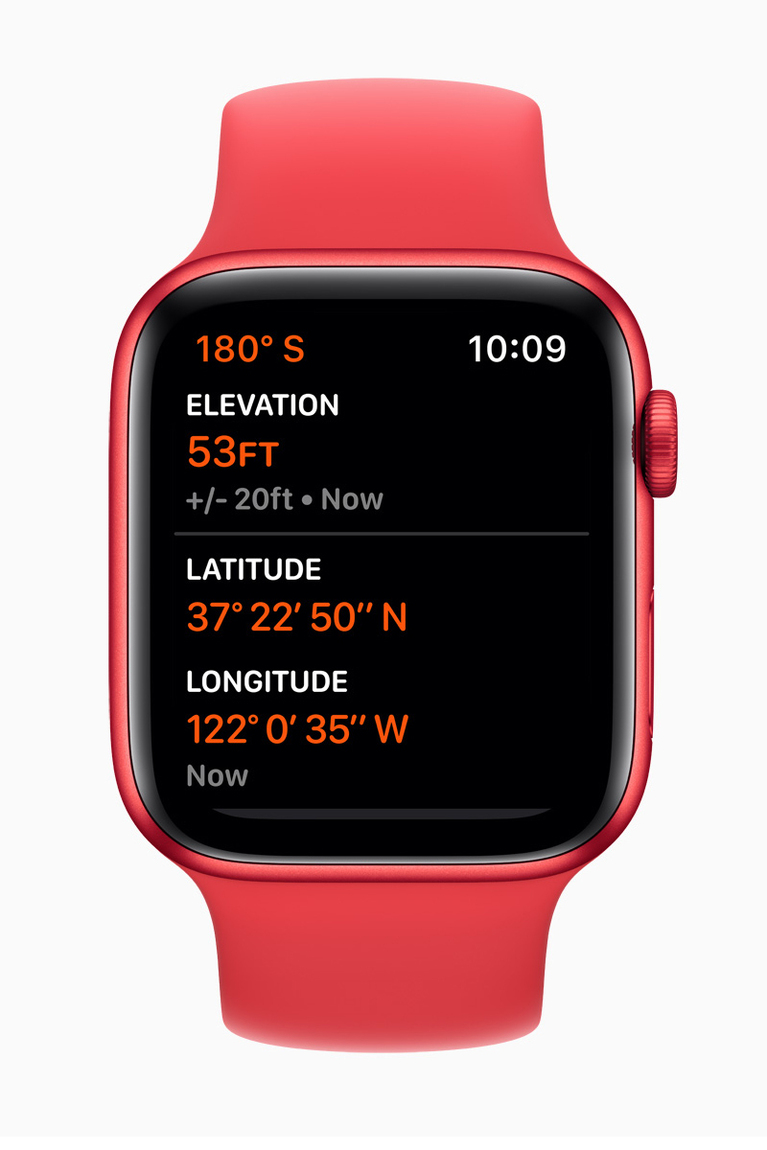 Foto von Apple Watch mit hauptsächlich schwarzem Screen, rotem Gehäuse und rotem Silikonarmband auf weißem Hintergrund