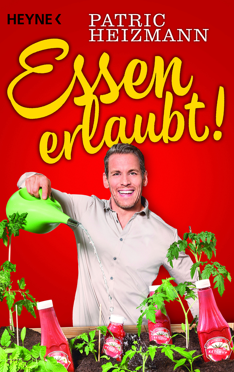Buchcover mit rotem Hintergrund, Textelement "Autor und Buchtitel", Foto von lächelndem Patric Heizmann, der Lebensmittel präsentiert