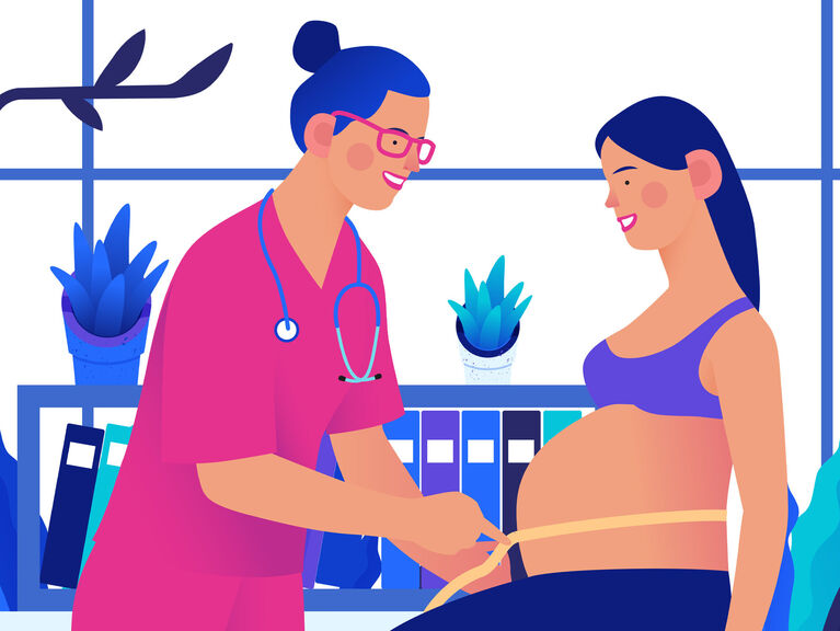 Vektorgrafik: Illustration einer Hebamme, die den Bauchumfang einer schwangeren Frau misst Vektorgrafik: Illustration einer Hebamme, die den Bauchumfang einer schwangeren Frau misst