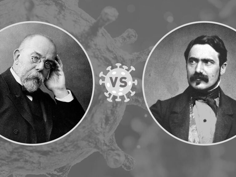Runde Schwarzweiß-Fotos zweier historischer Wissenschaftler auf grauem Hintergrund mit Virus-Grafik Runde Schwarzweiß-Fotos zweier historischer Wissenschaftler auf grauem Hintergrund mit Virus-Grafik